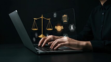 Online legal services concept with a virtual justice interface.