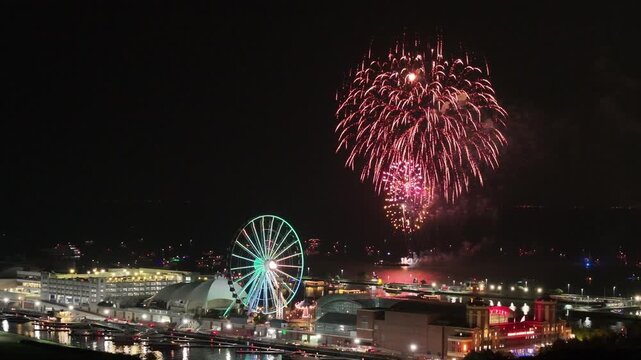 Aerial Drone View of Downtown Chicago Skyline with Fireworks Display at Night&rdquo; 2025 in August Saturday