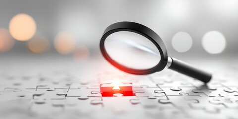 Magnifying glass is on a puzzle piece with a red dot. Concept of searching for something that is missing