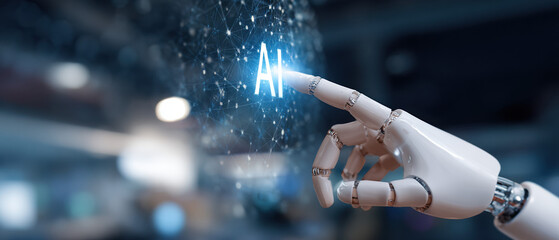 A robotic hand interacts with a glowing AI icon, representing advanced technology and artificial intelligence in a futuristic digital environment.