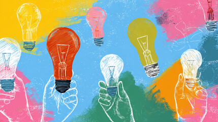Illustration of hands holding colorful lightbulbs symbolizing ideas and creativity against a vibrant abstract background.

