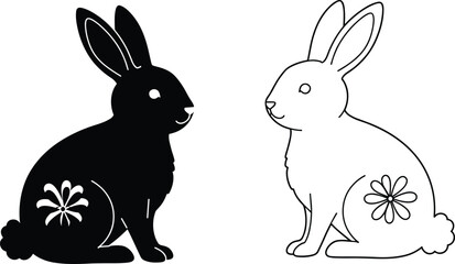 Black and white floral bunny illustrations, cute rabbit vector design for Easter, spring, animal theme, nature, decorative seasonal artwork