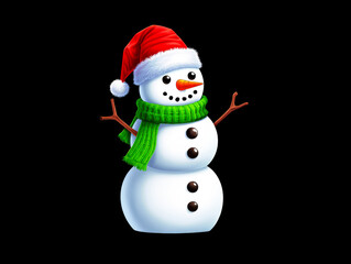 Cute snowman with red hat and green scarf isolated on white background