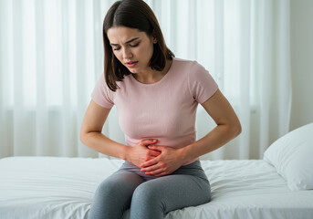 Young woman suffering from severe abdominal pain, cramps, or menstrual discomfort, sitting on a bed at home. Concept of health issues and digestive problems