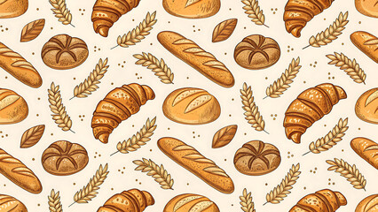A sweet bakery collection with a seamless pattern of assorted chocolate and white bread, buns, croissants, and cookies isolated on a brown background