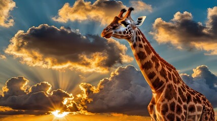 Majestic giraffe silhouetted against a stunning sunset backdrop, capturing the essence of the African savanna and wildlife's untamed beauty, under a dramatic, vibrant sky