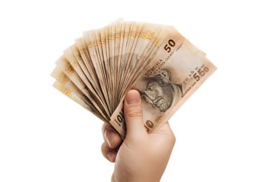 Close up of a hand holding a fan of banknotes.