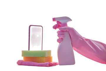 Hands in pink gloves holding a cleaning spray bottle.
