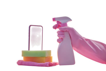 Hands in pink gloves holding a cleaning spray bottle.