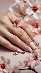 Elegant Hands with Blossom Nail Art Adorned with Delicate Cherry Blossoms, Showcasing Spring Beauty and Feminine Grace in a Softly Lit Setting