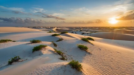 Sunset over pristine white sand dunes, a breathtaking landscape of nature's artistry.  Golden hour illuminates the textured sand, creating a serene and captivating scene