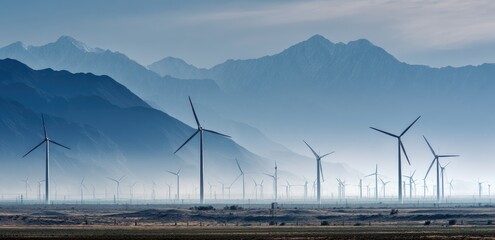 Hazy mountain range backdrop to a vast field of wind turbines generating clean energy