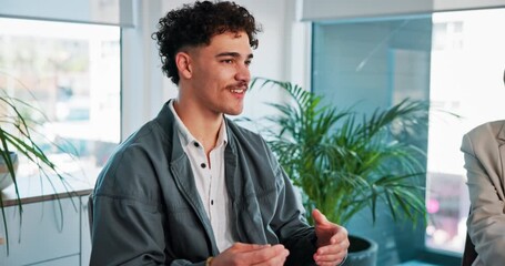 Man, explain and group of people at therapy for counseling, sharing story and addiction recovery. Male person, discussion and community, support and awareness for mental health at psychology session