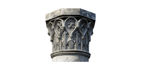 Gothic Architectural Column Capital With Intricate Stone Carvings. Historical Design And Craftsmanship Isolated On Transparent Background