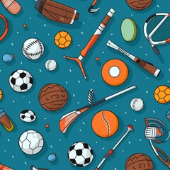 Seamless Sports Pattern with Balls and Equipment on Teal Background