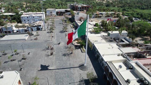 Aerial View of Mexican Flag Waving in Historic Downtown San Jos&eacute; del Cabo, Baja California Sur