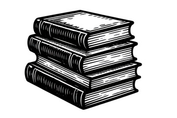 Vintage woodcut print revealing stacked antique books, detailing ornate bindings and aged paper textures with delicate line art