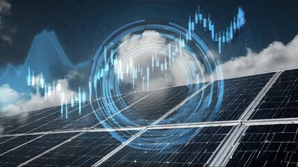 Solar panels with financial growth graph in cloudy sky background - Powered by Adobe
