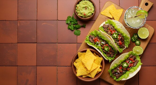 Mexican tacos and nachos with margarita, colorful fiesta food flat-lay ai generation