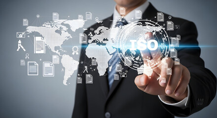 A business professional engages with a holographic world map representing global data and quality management.