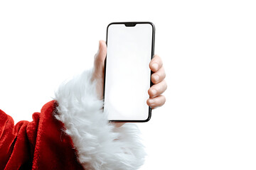 Santa's hand holding a smartphone with blank screen.