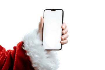 Santa's hand holding a smartphone with blank screen.