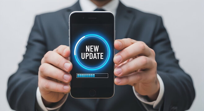 A user's hands hold a sleek digital device showing a prominent new software update message and progress.