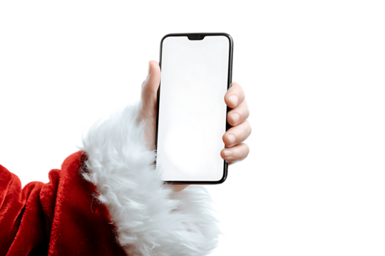 Santa's hand holding a smartphone with blank screen.