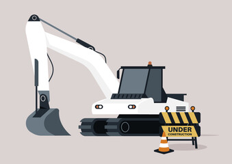 Heavy machinery moves earth and rocks with ease at a busy construction site, while safety cones and signs indicate active operation, highlighting the progress made in urban development