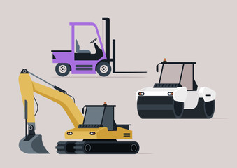 Construction machines including an excavator, a forklift and a roller are actively working on a dynamic urban project, showcasing the synergy of technology and skilled labor in construction tasks