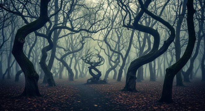 A spooky forest scene with twisted trees and a strange sculpture in the misty background landscape
