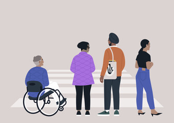 Obraz premium A lively urban crossing filled with a diverse group of pedestrians, including individuals in a wheelchair, waiting to cross as city life buzzes around them during daylight hours