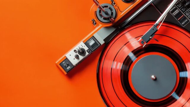 Vibrant Orange Background with Retro Turntable and Vinyl Record Illustrating Music and Nostalgia 4k video footage