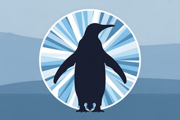 Majestic penguin silhouette stands against a vibrant sunburst in cool blue tones