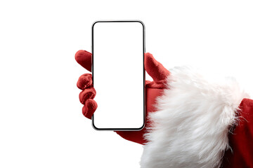 Santa Claus holding a smartphone with blank screen. Christmas, mobile app, technology, festive