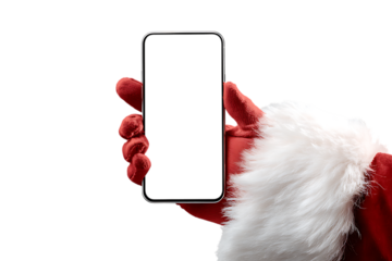 Santa Claus holding a smartphone with blank screen. Christmas, mobile app, technology, festive