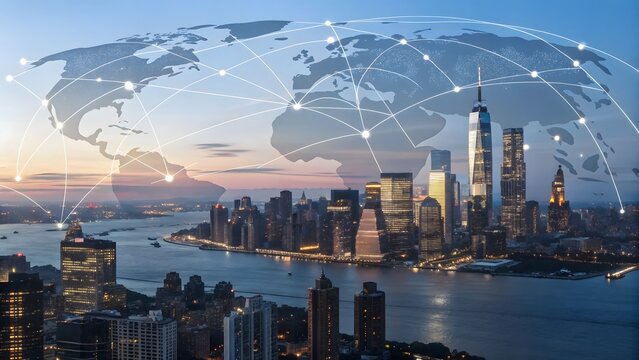 City skyline with world map overlay and connecting lines representing global network connections