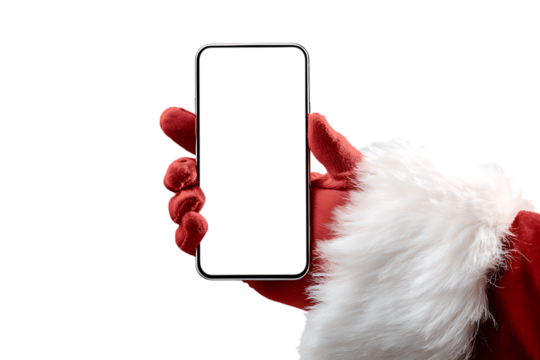 Santa Claus holding a smartphone with blank screen. Christmas, mobile app, technology, festive - Powered by Adobe