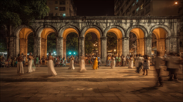 Lapa arches in Rio de Janeiro with samba dancers