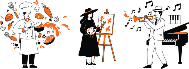 CAD drawing flat vector illustration, chef artist musician character, culinary painting music skills, creative professions concept, cultural talent expression