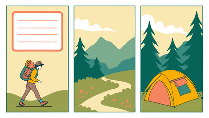 Fototapeta premium A triptych of outdoor adventure featuring a hiker a winding path through mountains and a campsite with a tent