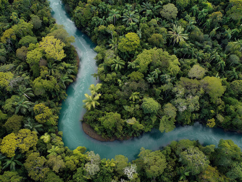 Amazon rainforest river from drone view