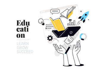 Education. Creative vector illustration for web banner, social media, business presentation, marketing material. Back to school. Distance education, online learning.
