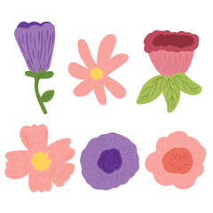 clipart set of blooming abstract pink and purple flower flat isolated on white background. 
