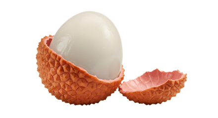 Close-up shot of fresh pink and white peeled lychee fruit isolated on a clean white background.