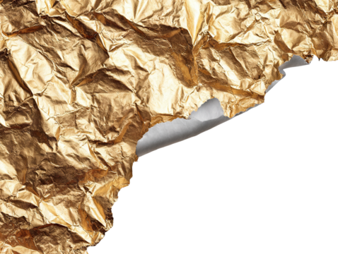 Wrinkled golden foil with ripped edge, isolated on transparent cutout background