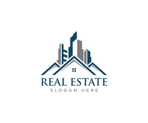 Fototapeta premium Real estate company logo with city buildings and urban skyline icon in vector design style