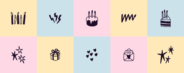 Set of cute hand drawn doodle happy birthday greeting cards, kid party invitations, funny badges, tags, labels, childish posters. Crayon scribbles whimsical vector illustration. Confetti, cake drawing