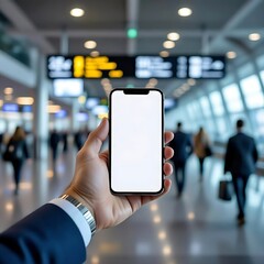 Businessman hand holding a mobile phone with blank screen mockup against bustling airport terminal in the background