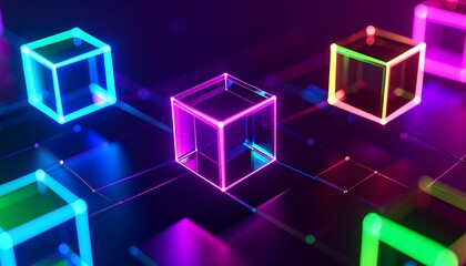 Neon Cubes Floating in a Dark Void, Connected by Luminous Lines, Creating a Futuristic Network